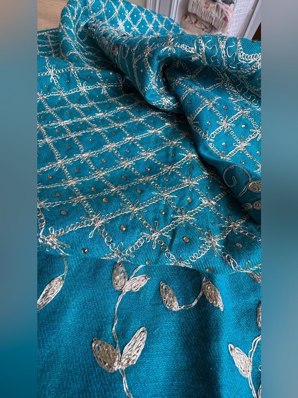 Embroidered Teal Scarf with Silver Thread Detailing